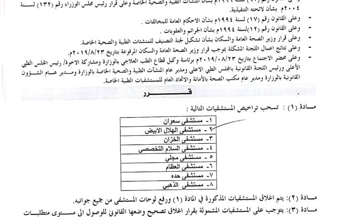 بالأسماء..وزارة الصحة تغلق 8 مستشفيات خاصة في العاصمة صنعاء وتحيل10 حكومية إلى النيابة